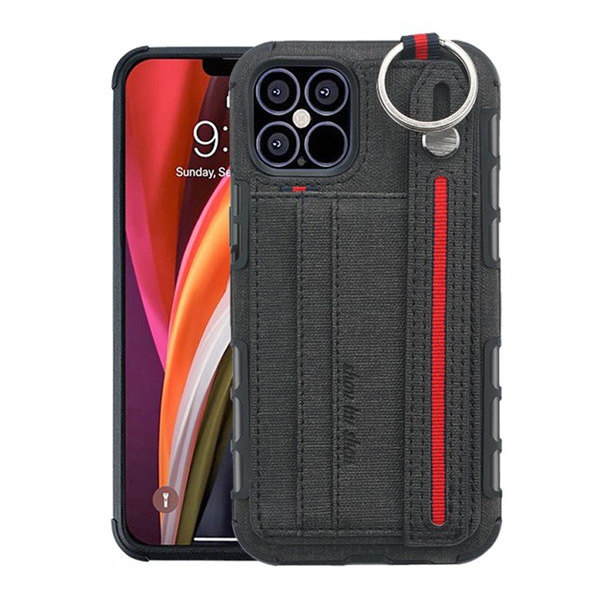 Szilikon telefonvédő (közepesen ütésálló, asztali tartó funkció, bankkártya tartó, textil hátlap + kézpánt) FEKETE [Apple iPhone 12 Pro] (5996591002675)