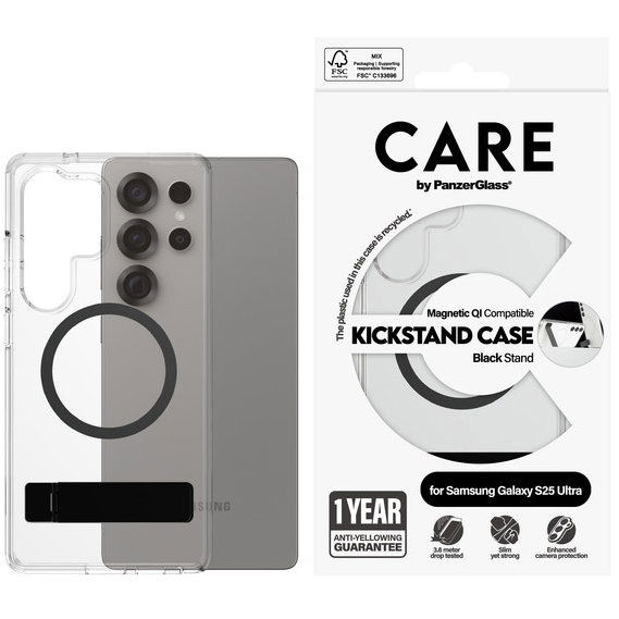 PanzerGlass CARE Kickstand Samsung Galaxy S25 Ultra átlátszó/fekete Qi tok (CRRFBKQG38488)
