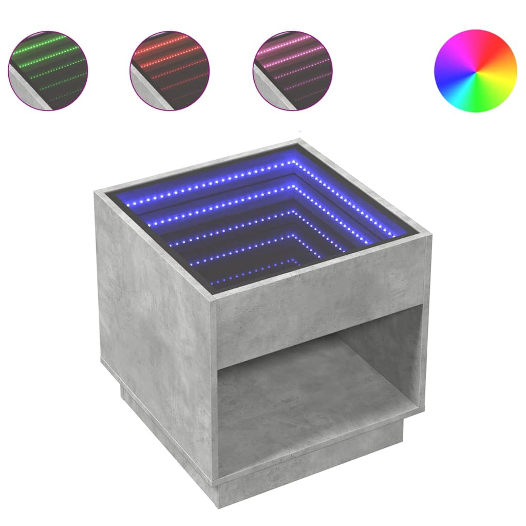 betonszürke végtelen hatású LED-es éjjeliszekrény 50x50x50 cm (3284087)