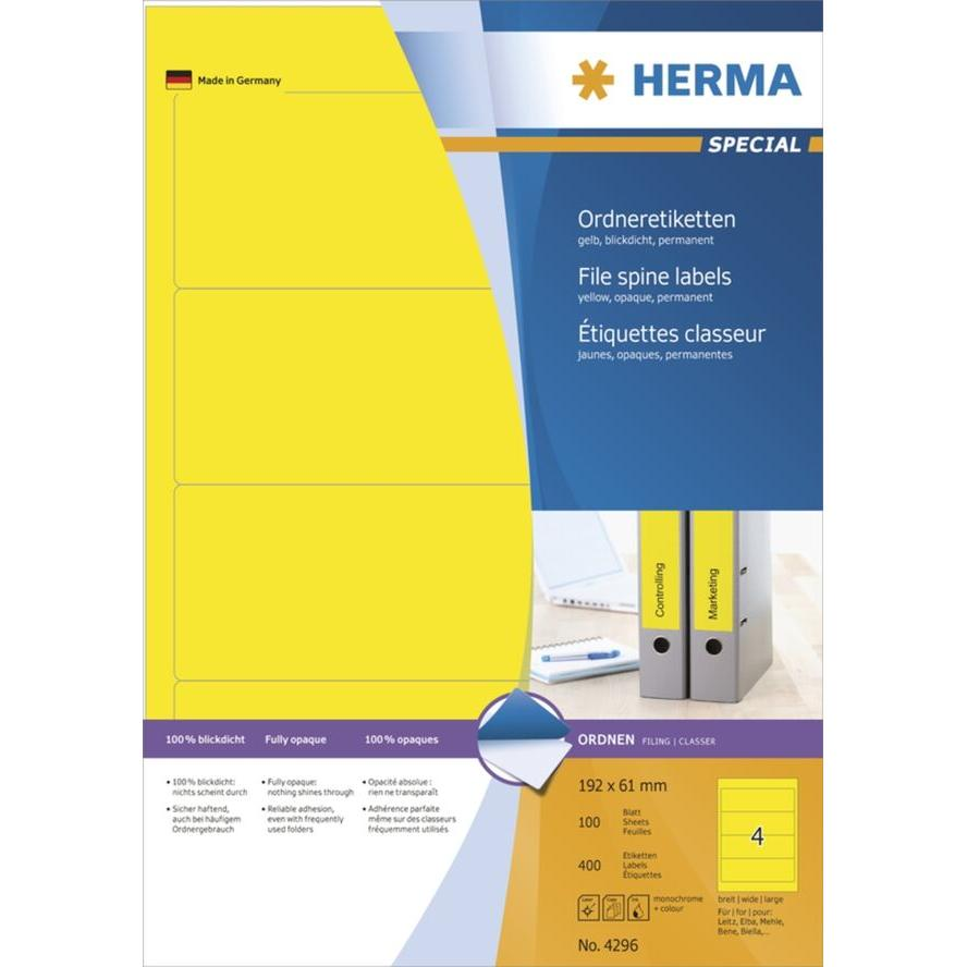 HERMA Ordneretiketten A4 gelb 192x61 mm Papier opak 400 St. (4296) (4296)