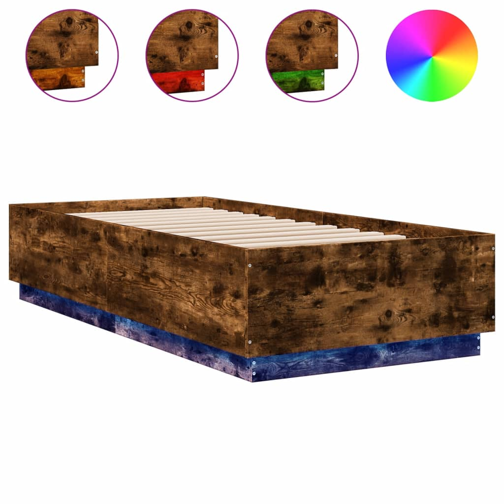 füstös tölgyszínű szerelt fa ágykeret LED-del 90 x 200 cm (3209636)