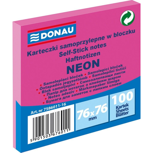  Donau BLOCZEK SAMOPRZYLEPNY, DONAU, 76X76MM, 100K, NEON RÓŻOWY 7586011-16