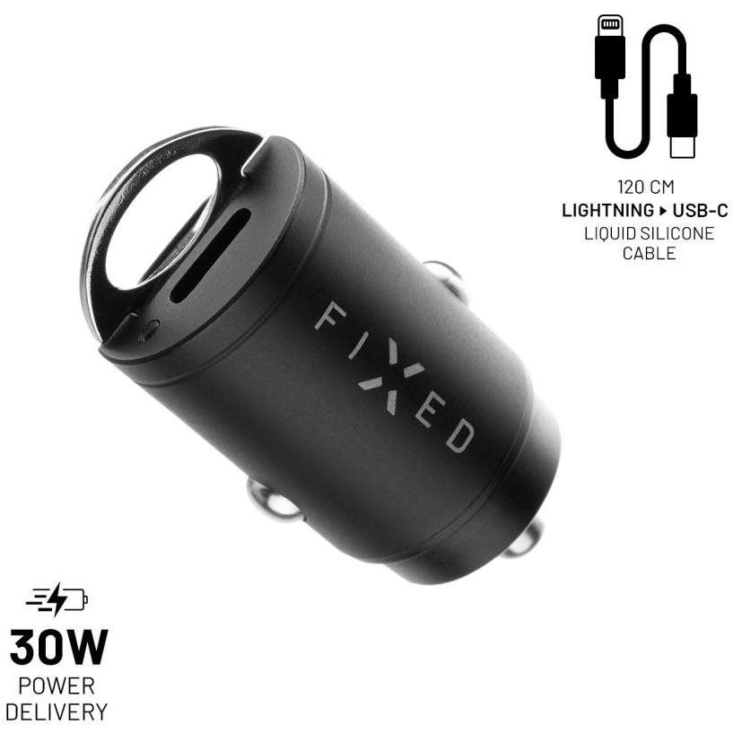 FIXED PD Rapid Charge Car Mini 2xUSB-C kimenet, USB-C/Lightning kábel, 1,2 m, PD 30W, fekete (FIXCC30M-2CL-BK)