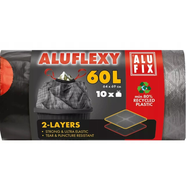 Szemeteszsák, zárószalagos, 60 l, 10 db, 64x69 cm, 33 µ, ALUFIX "Aluflexy", fekete