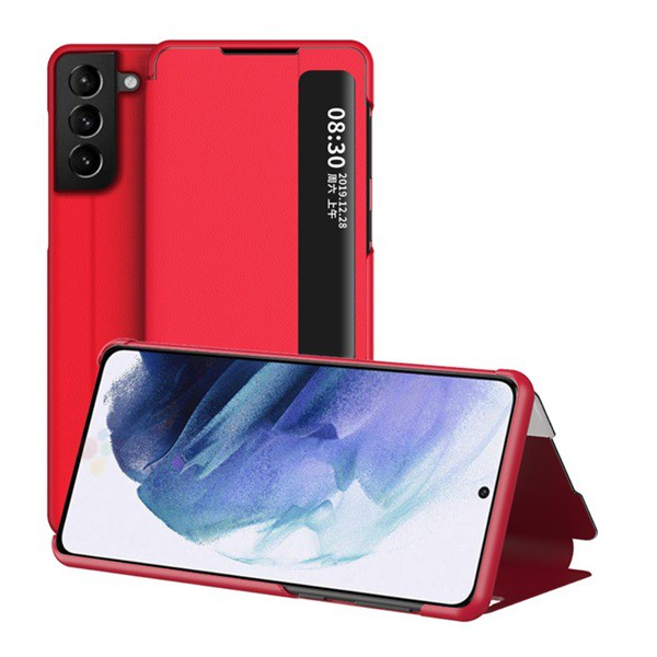 Tok álló, bőr hatású (aktív FLIP, oldalra nyíló, asztali tartó funkció, hívószámkijelzés, View Window) PIROS [Samsung Galaxy S21 Plus (SM-G996) 5G] (5996591037264)