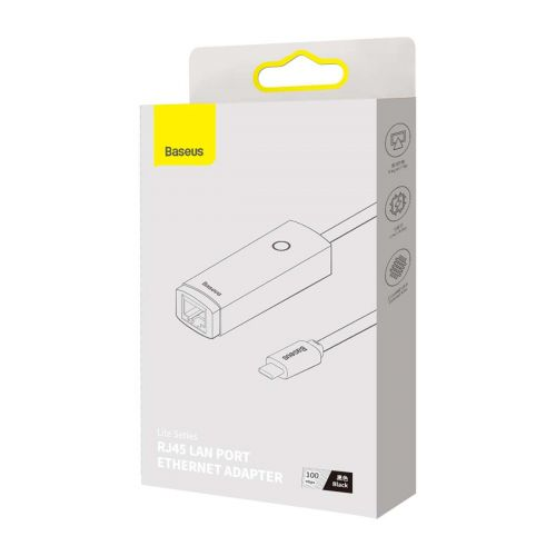 Adaptor placa de retea Baseus Lite WKQX000201, USB Type-C - RJ-45 10/100 Mbps, LED, negru