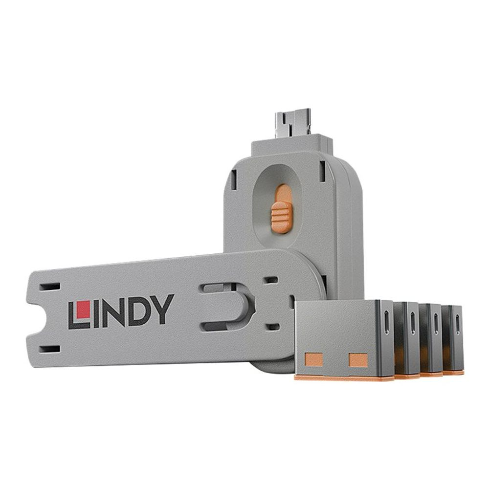 Lindy 40453 blokovač portov Blokovanie portov + kľúč USB Typ-A Oranžová Akrylonitrilbutadienstyren (ABS) 5 kusov (40453)