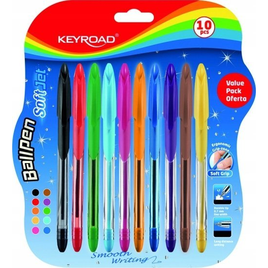 Keyroad Golyóstoll - 0.7 mm, 10 db/ Bliszter, Vegyes Színek (KR972056)