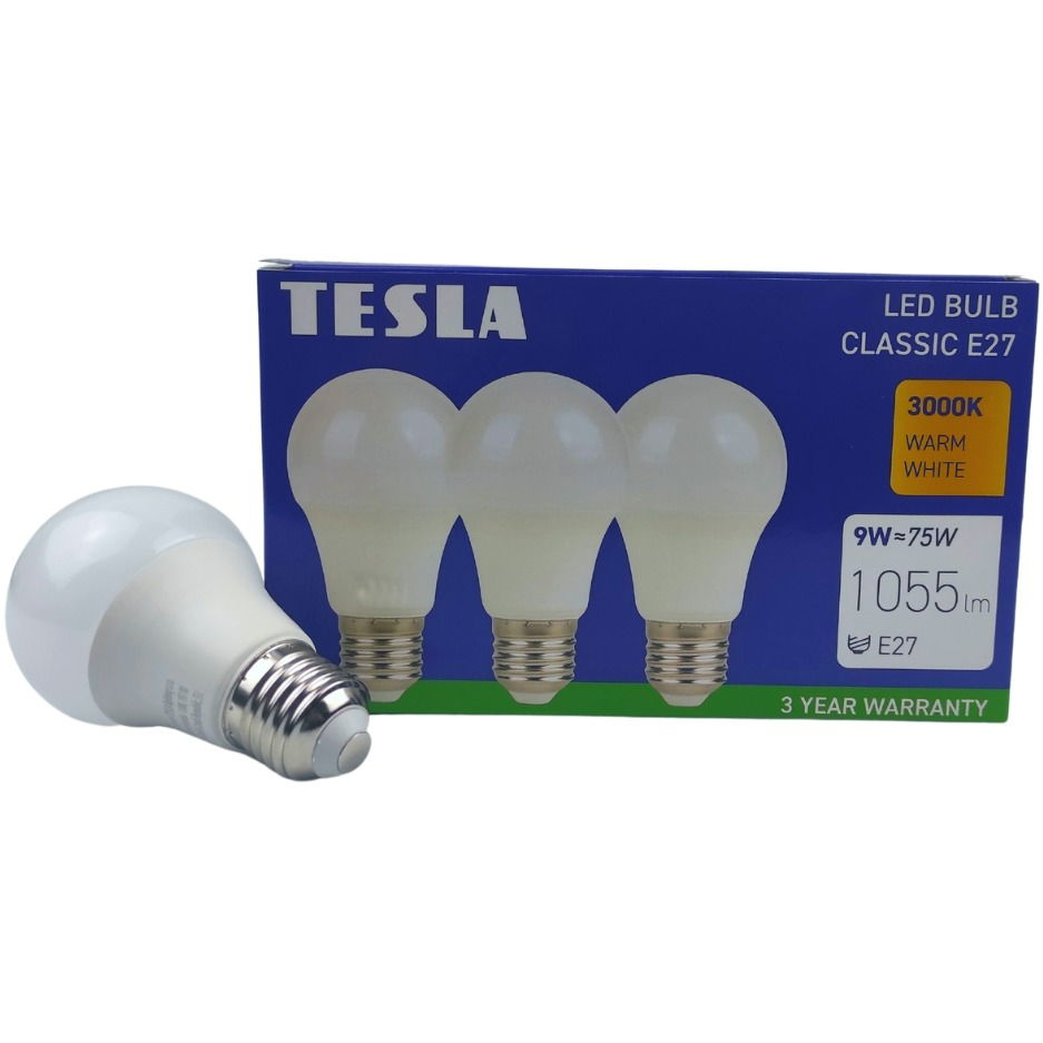 Tesla - LED izzó BULB E27, 9 W, 230 V, 1055 lm, 25000 h, 3000K meleg fehér, 220°, 3 db a csomagban (BL270930-3PACK)