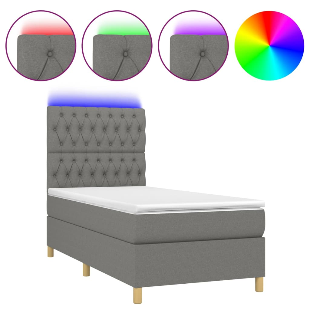 sötétszürke szövet rugós és LED-es ágy matraccal 90x200 cm (3135646)