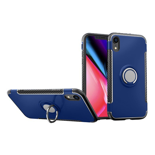 Műanyag telefonvédő (szilikon keret, asztali tartó, telefontartó gyűrű, beépített fémlemez, karbon minta) SÖTÉTKÉK [Apple iPhone XR 6.1] (5996457811571)