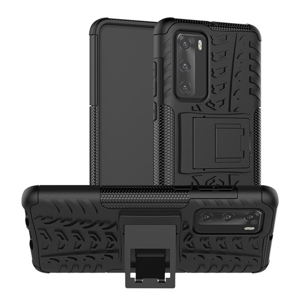 Defender műanyag telefonvédő (közepesen ütésálló, szilikon belső, kitámasztó, autógumi minta) FEKETE [Huawei P40] (5996457953202)