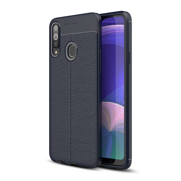 Szilikon telefonvédő (közepesen ütésálló, bőr hatású, varrás minta) SÖTÉTKÉK [Samsung Galaxy A20s (SM-A207F)] (5996457923755)