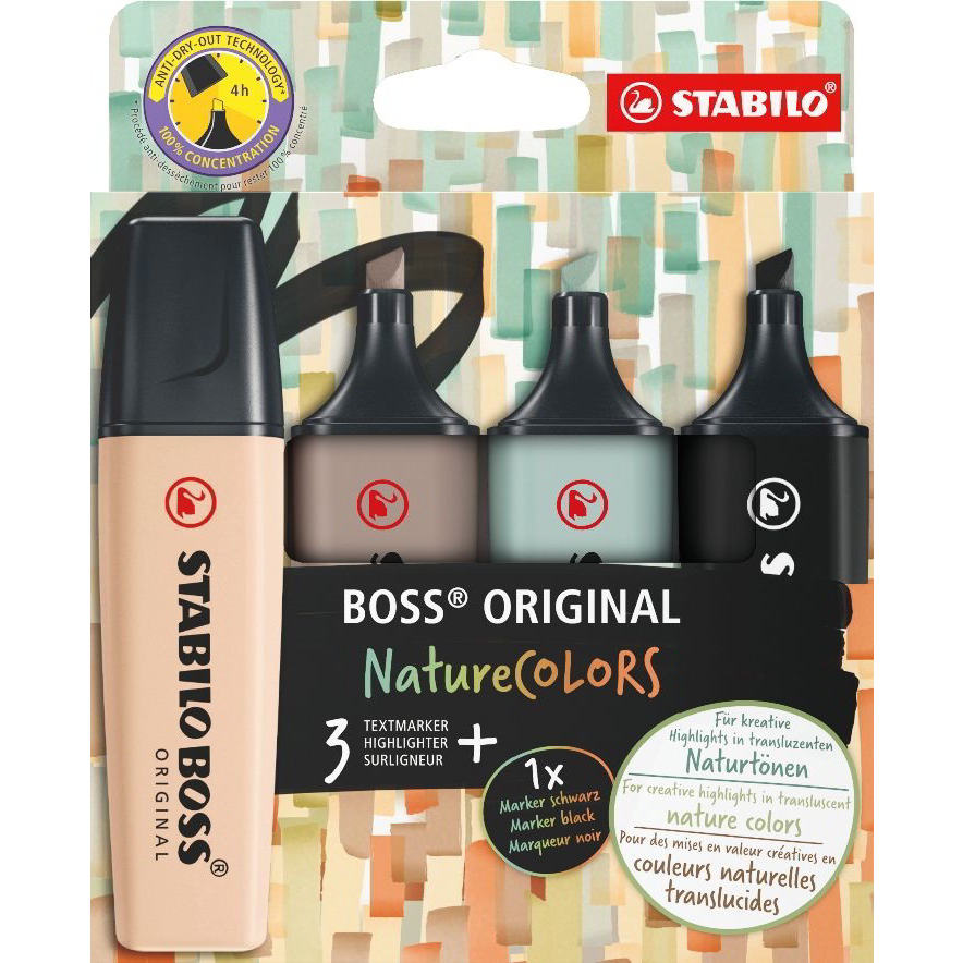 STABILO BOSS ORIGINAL NatureColors szövegkiemelő 4 dB Vésőhegyű Bézs, Fekete, Zöld, Világosszürke (70/4-2-5)