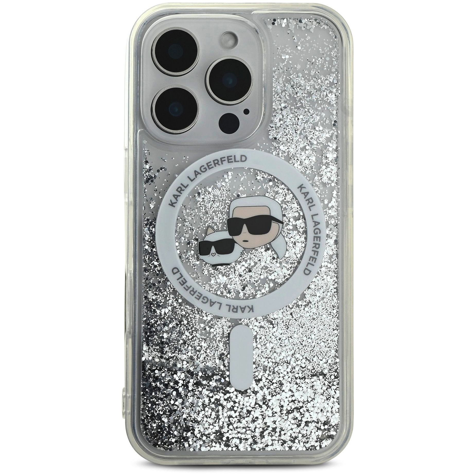 Karl Lagerfeld Liquid Glitter Karl and Choupette Heads iPhone 16 Pro Max átlátszó MagSafe tok (KLHMP16XLGKCSGH)