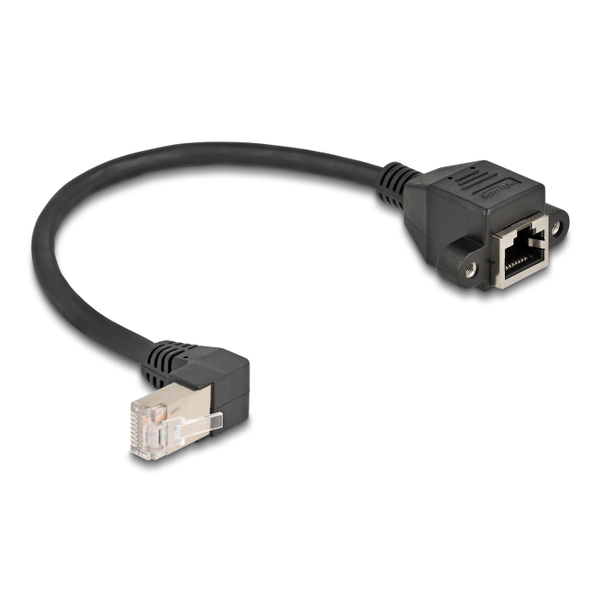 Delock Hálózat bővítő kábel S/FTP RJ45 apa 90  hajlított - RJ45 beépített anya Cat.6A 0,25 m fekete (80309)