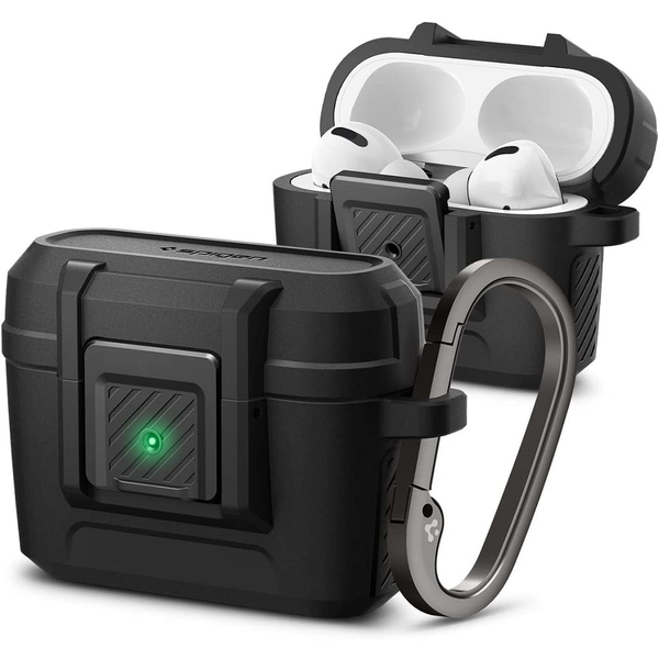 Bluetooth fülhallgató töltőtok tartó, műanyag, vezeték nélküli töltés támogatás, karabiner, Apple AirPods Pro kompatibilis, Spigen Lock Fit, fekete (RS128788)