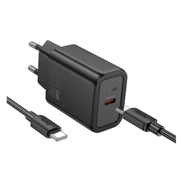 HOCO N62 USB-C Hálózati Gyorstöltő Adapter 30W + USB-C kábel - Fekete (N62_TYPEC_TYPEC_B)