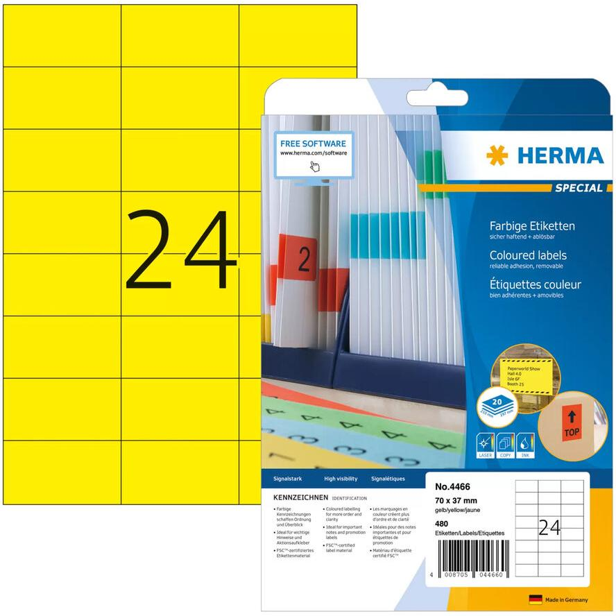 HERMA Etiketten A4 gelb 70x37 mm Papier matt 480 St. (4466)