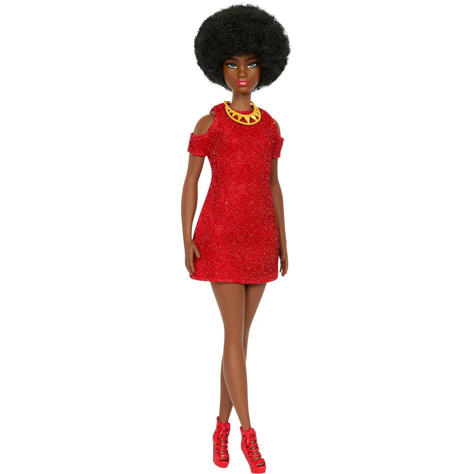 Mattel HRH18 Barbie Fashionistas - Fekete Barbie piros kötött ruhában (HRH18)
