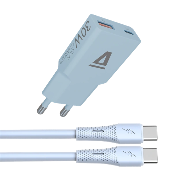 AVAX CH6415 30W GaN töltő és 60W USB-C szilikon kábel csomag, világoskék (AVAX_CH6415)