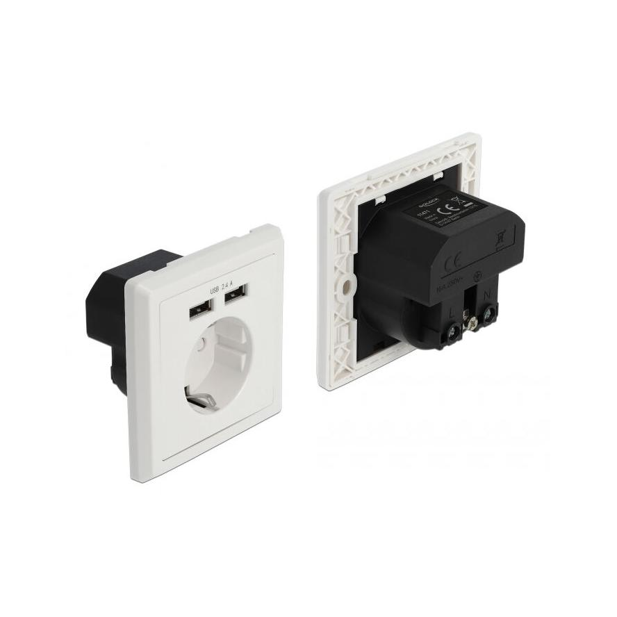 Delock 2,4 A-s fali csatlakozó (konnektor) 2 x A-típusú USB töltő porttal (11471)