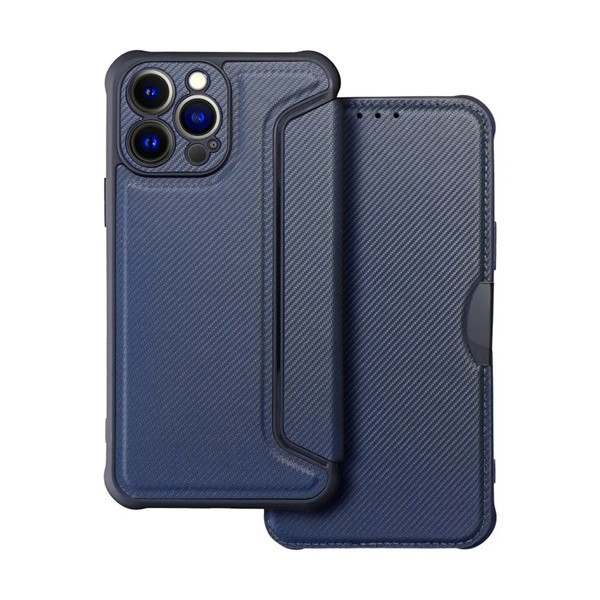 Apple iPhone 13 Pro Max, Oldalra nyíló tok, légpárnás sarok, bőrhatású, karbon minta, Razor Book, kék (G129204)