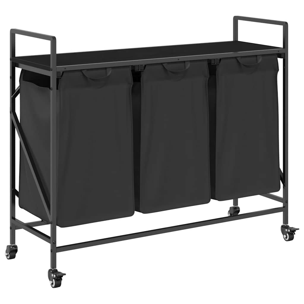 fekete tölgyfa mosodai kosár 3 rekeszes kerekekkel (859090)