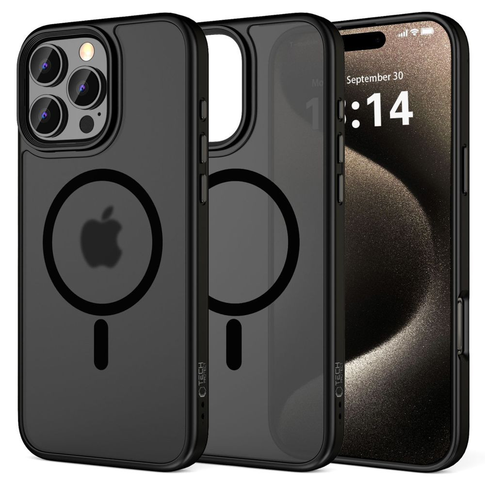 Apple iPhone 16 Pro, Műanyag hátlap védőtok + szilikon keret, Magsafe töltővel kompatibilis, Magmat Magsafe, áttetsző/fekete (5906302311101)
