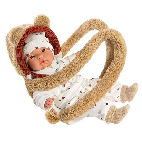 Llorens: Joel síró baba barna hordozóval 38cm-es (38945)