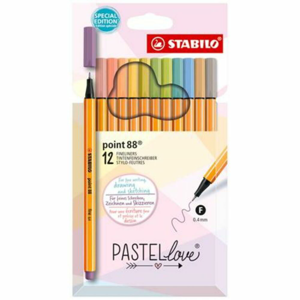 STABILO point 88 filtpen Fin Beige, Blå, Grøn, Lysegrøn, Orange, Pastel, Fersken, Violet, Gul 12 stk