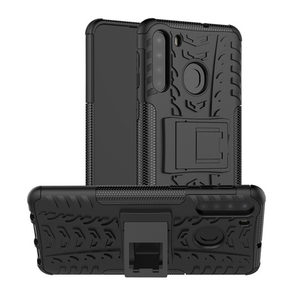 Defender műanyag telefonvédő (közepesen ütésálló, szilikon belső, kitámasztó, autógumi minta) FEKETE [Samsung Galaxy A21 (SM-A210F)] (5996457963898)