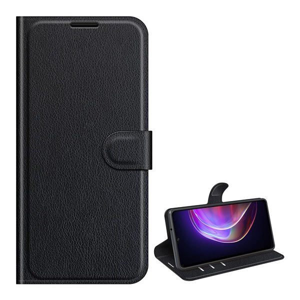 Tok álló, bőr hatású (FLIP, oldalra nyíló, asztali tartó funkció, prémium) FEKETE [vivo V21 5G] (5996591152271)