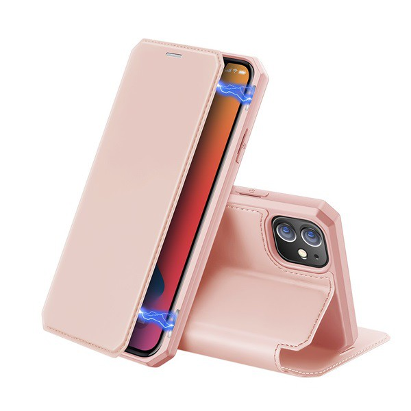 DUX DUCIS SKIN X tok álló, bőr hatású (FLIP, oldalra nyíló, asztali tartó, vezeték nélküli töltés támogatás) RÓZSASZÍN [Apple iPhone 12 Pro] (5996591001074)