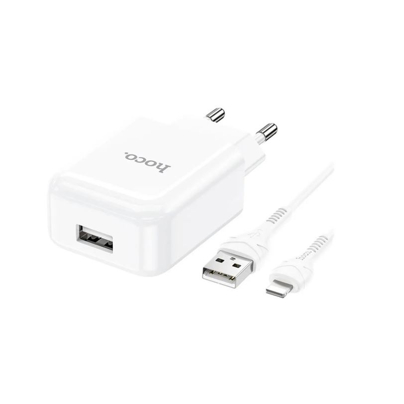 HOCO N2 hálózati töltő USB aljzat (5V/2.1A, gyorstöltő + lightning kábel) fehér (N2_W_LIGHTNING8PIN) (N2_W_LIGHTNING8PIN)