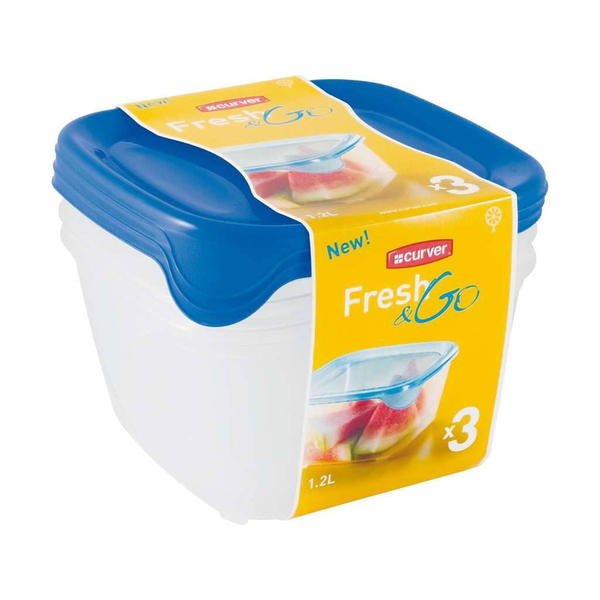 Комплект квадратни контейнери за храна Curver "Fresh&Go", 3X1.2L, прозрачен/тъмно син