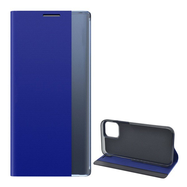 Tok álló, textil hatású (aktív FLIP, oldalra nyíló, asztali tartó funkció, Smart View Cover) KÉK [Apple iPhone 12 mini] (5996591022222)