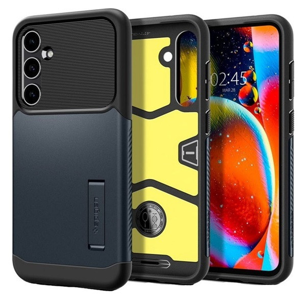 Samsung Galaxy S23 FE SM-S711, Szilikon tok, műanyag hátlappal, kitámasztóval, Spigen Slim Armor, sötétkék (8809896746953)