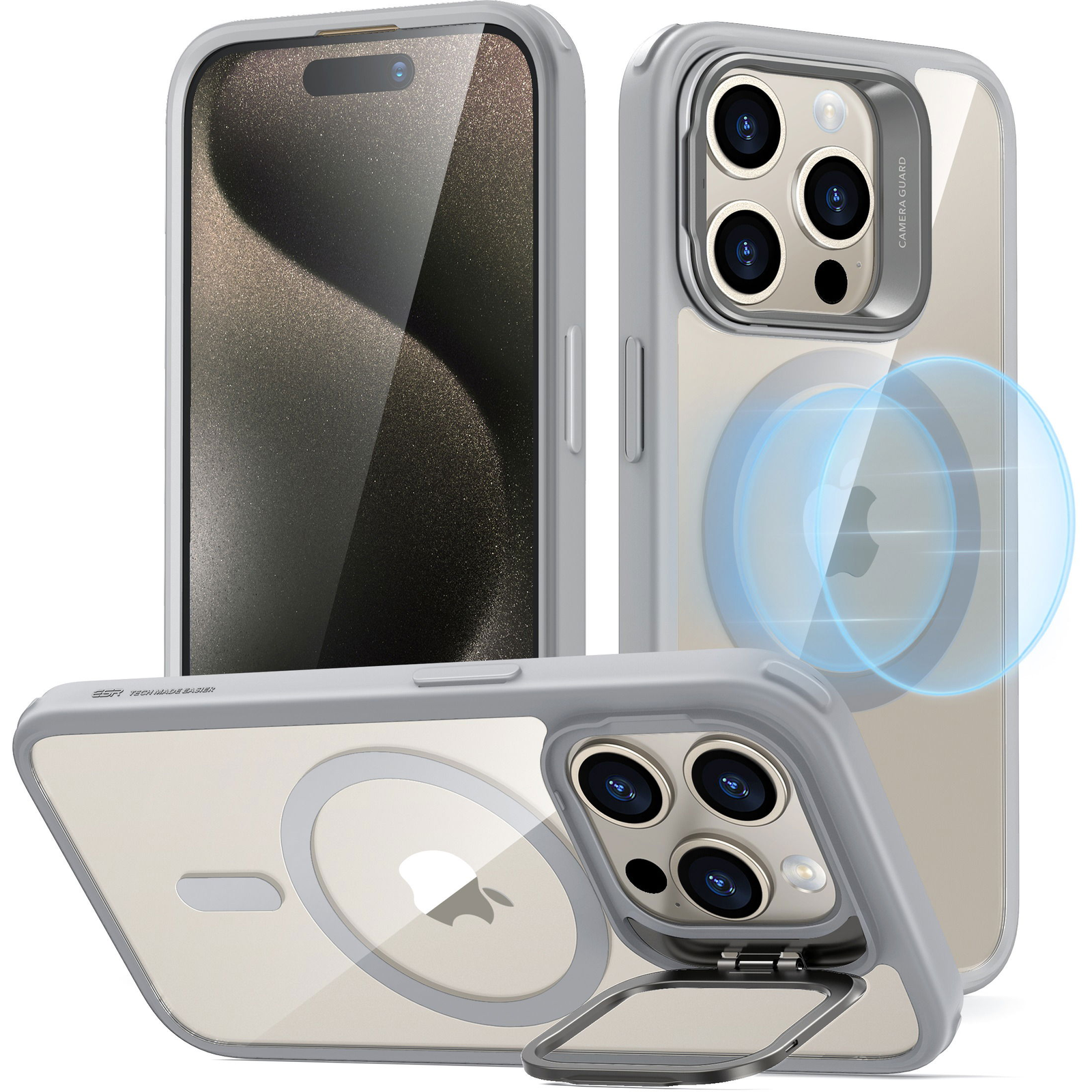 ESR Classic Hybrid Case with Stash Stand (HaloLock), Compatible with iPhone 15 Pro Clear Grey tok (1A6740402)