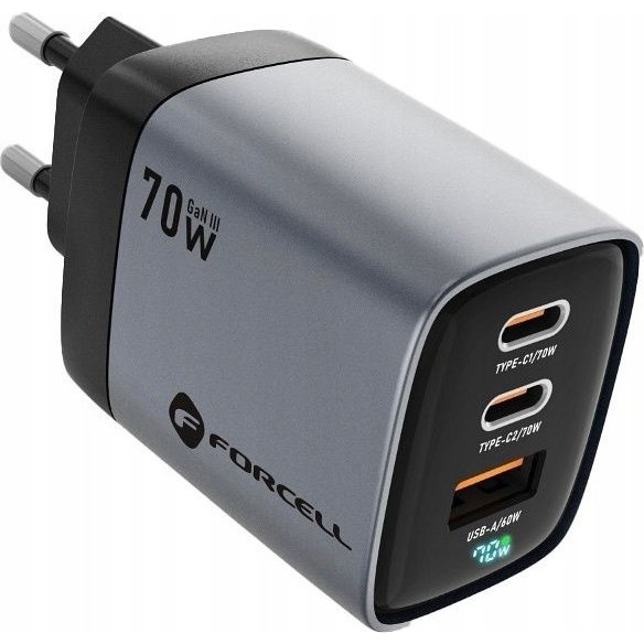 Forcell F-Energy GaN III VT-37 2xUSB-C + USB-A töltő adapter LCD kijelzővel, PD, QC4.0, SFC2.0, 3,45A, 70W, szürke ( )