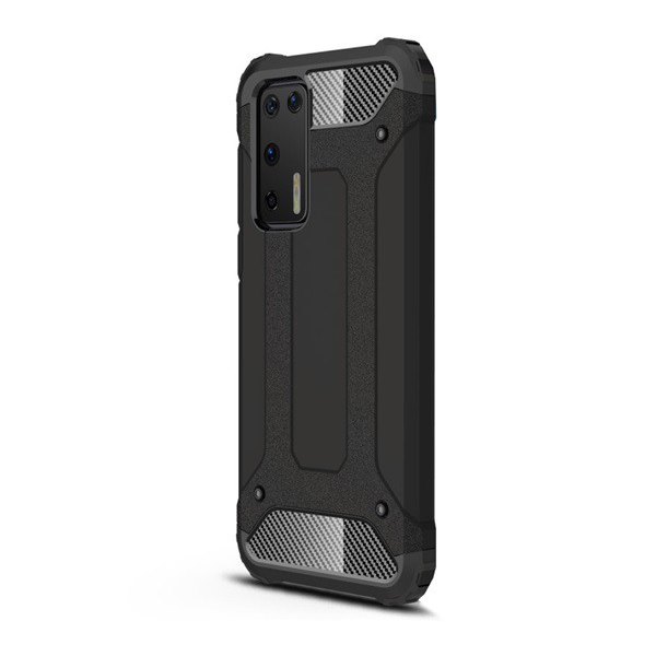 Defender műanyag telefonvédő (közepesen ütésálló, légpárnás sarok, szilikon belső, fémhatás) FEKETE [Huawei P40] (5996457933228)