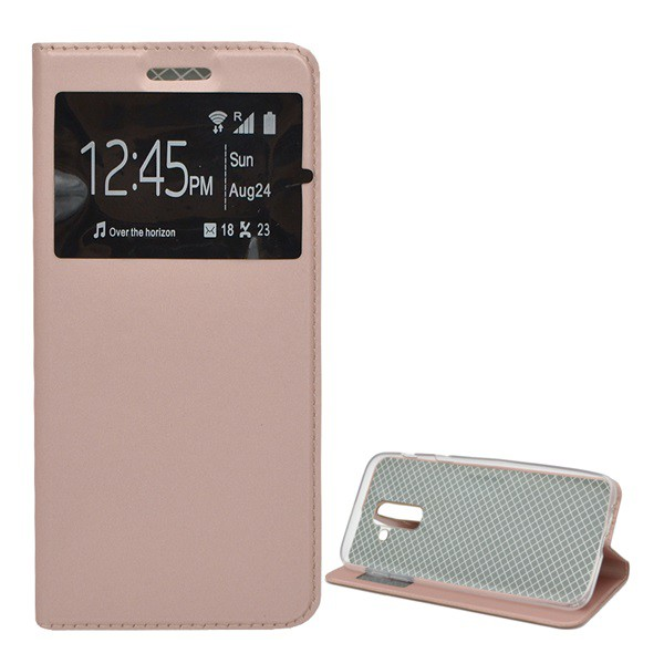 Tok álló, bőr hatású (FLIP, oldalra nyíló, asztali tartó funkció, View Window) ROZÉARANY [Samsung Galaxy A6+ (2018) SM-A605F] (5996457787104)