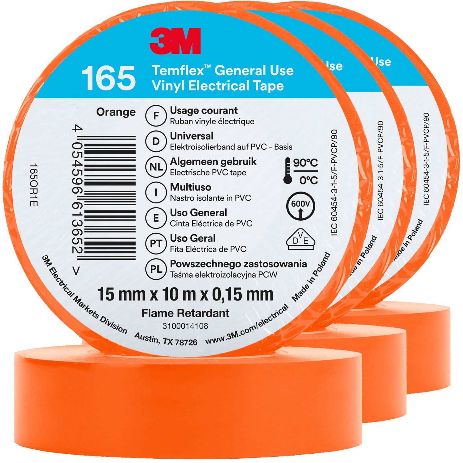3M Temflex 165 szigetelőszalag, 15 mm×10 m×0,15 mm, 3 darab, narancssárga (7100184728)
