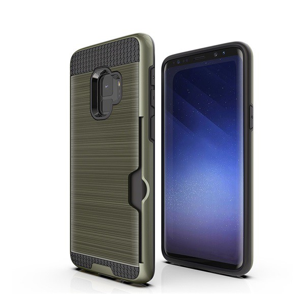 Műanyag telefonvédő (szilikon belső, közepesen ütésálló, bankkártya tartó, szálcsiszolt minta) SÖTÉTZÖLD [Samsung Galaxy S9 (SM-G960)] (5996457751693)