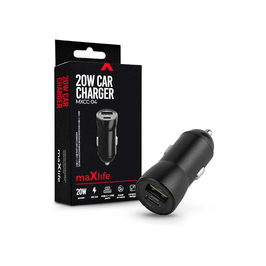 Maxlife szivargyújtós töltő adapter USB + Type-C bemenettel - 20W - Maxlife MXCC-04 PD3.0 + QC3.0 Car Charger - fekete (TF-0166)
