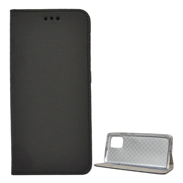 Tok álló, bőr hatású (FLIP, oldalra nyíló, asztali tartó funkció, rombusz minta) FEKETE [Samsung Galaxy S10 Lite (SM-G770F) ] (5996457948383)
