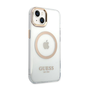 Кейс Guess, За iPhone 14, MagSafe, Пластмаса, Златисти елементи, Безцветен