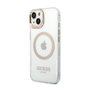 Кейс Guess, За iPhone 14, MagSafe, Пластмаса, Златисти елементи, Безцветен