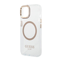 Кейс Guess, За iPhone 14, MagSafe, Пластмаса, Златисти елементи, Безцветен