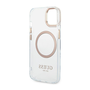 Кейс Guess, За iPhone 14, MagSafe, Пластмаса, Златисти елементи, Безцветен